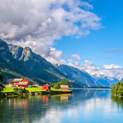 Amazing nature view with fjord and mountains. Beautiful reflection. Scandinavian Mountains, Norway.